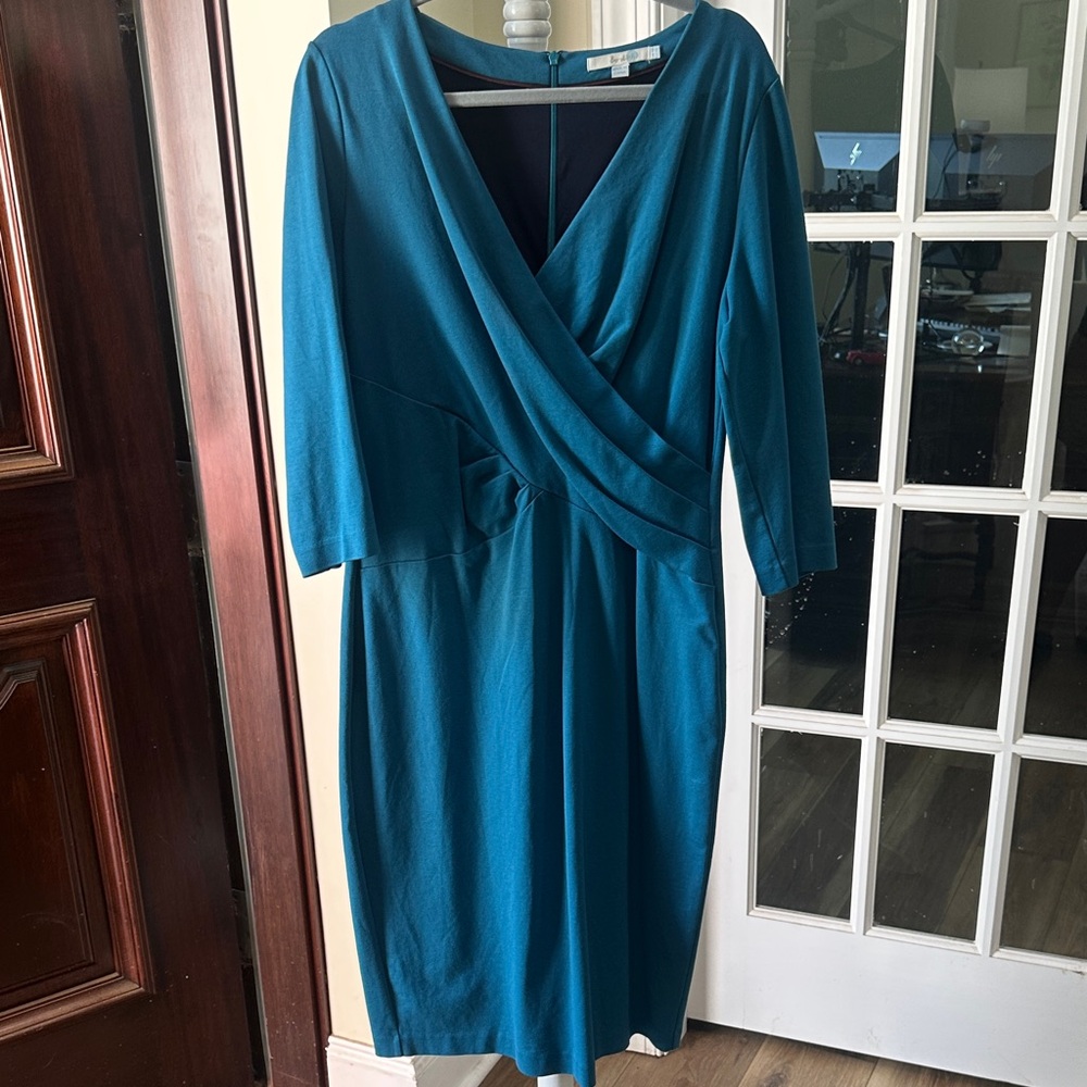 Boden 14L Teal Turquoise Long Sleeve Dress faux wrap zip LARGE EUC!!